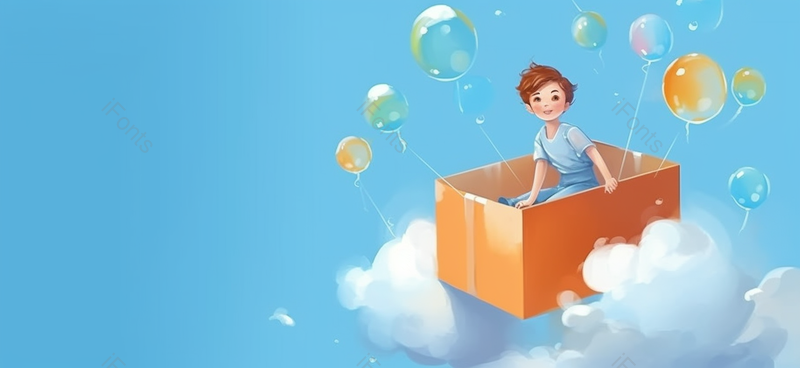 可爱风儿童节蓝天白云小孩子乘坐纸箱蓝色背景插画手绘图,插画/手绘图,插画/手绘图库,插画/手绘图下载,插画/手绘